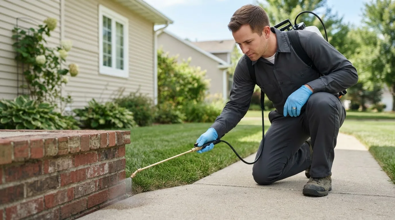 Pest control technician treating a home near Kingsley, IA