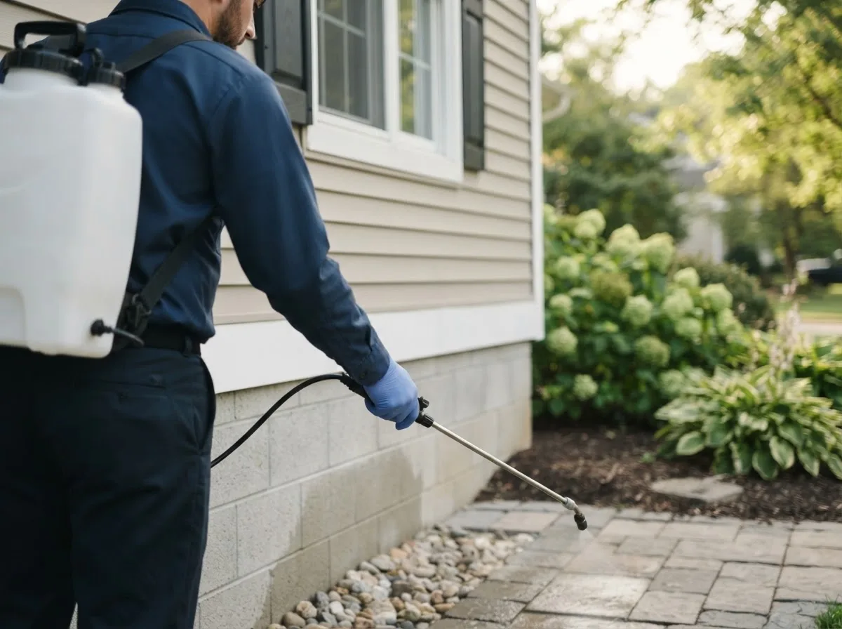 Pest control technician inspecting a home in Kingsley, IA